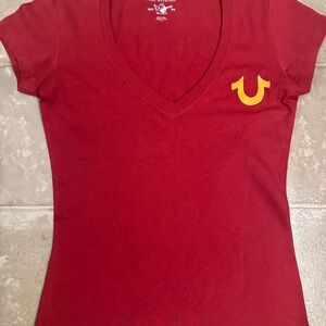 True Religion Red Tee with Yellow Emblem